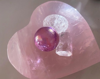 Self Love Crystal Set: Angel Aura Quartz Sphere, Quartz Point, Fire and Ice Quartz Tumbled Stone