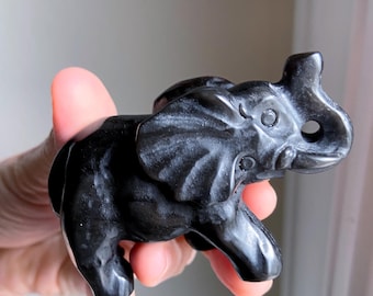 Obsidian Elephant, Root Chakra Healing Crystal Carving, Exact One, 3.125"
