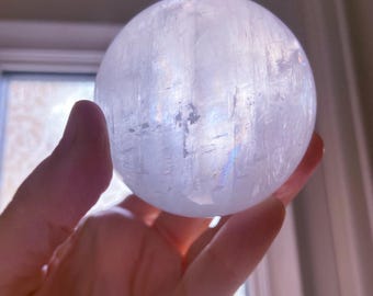 Clear Calcite Sphere With Rainbow Flashes, Healing Crystal Orb, Crown Chakra, Exact One