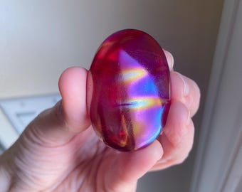 Fuschia Angel Aura Quartz Palm Stone, Heart Chakra Healing Crystal, Exact One