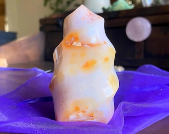 Carnelian in Quartz Flame Crystal Tower Protection Meditation Home Decor Crystal Lover Nature Gift Pastel Color Natural Stone