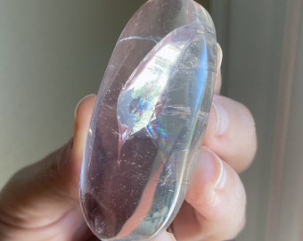 Clear Quartz Palm Stone With Rainbow Flashes