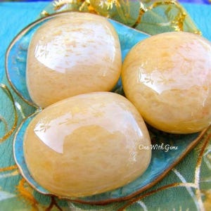 May include: Three polished, oval-shaped gemstones with a creamy yellow hue are displayed on a decorative plate. The gems have a glossy, reflective surface. The plate is teal with gold trim, set against a blue background. The text "One With Gems" is visible.
