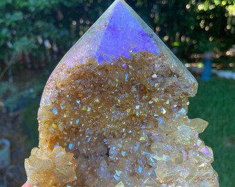 Rare High Quality Pink Amethyst Cluster Tower In Gold Aura