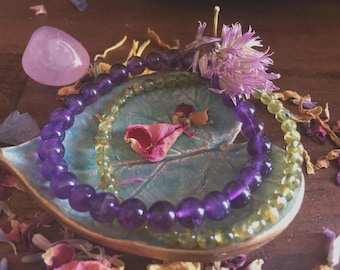 Amethyst and Peridot Bracelet Set: Healing Crystal Bead Jewelry, Intuitively Chosen