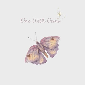 May include: Watercolor illustration of a butterfly with purple and yellow wings. The image includes the text "One With Gems" and a gold starburst design on a light gray background.