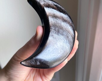 Silver Sheen Obsidian Crescent Moon, Healing Crystal, Infused With Reiki, Exact One, 3.25"