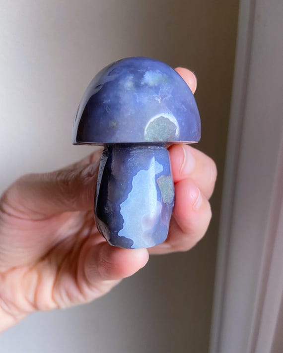Rare Blue & Purple Moss Agate Mushroom, Heart Chakra Healing Crystal Carving, Exact One, 2.25"