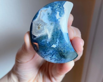 Chunky Moss Agate Crescent Moon With Sparkly Druzy, Healing Crystal, Heart Chakra, Exact One