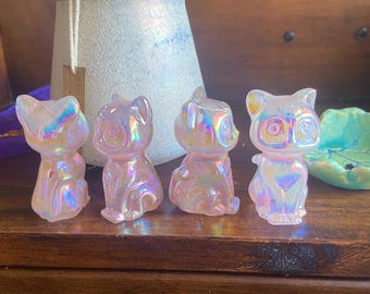Rose Quartz Aura Cat With Crescent Moon, Healing Crystal Carving, Heart Chakra
