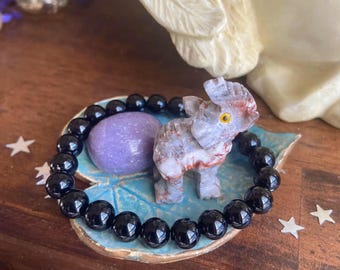 Conjunto de cristales Empáticos: Pulsera de turmalina negra, lepidolita, elefante de jaspe, elegido intuitivamente