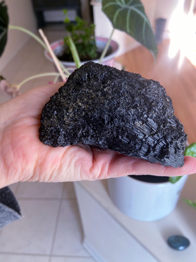 May include: A large, rough-textured, black mineral specimen is held in a hand. The mineral has a crystalline structure and a dark, matte appearance. The background includes a white pot with a plant and a wooden surface.