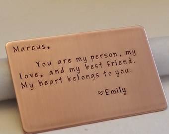 Copper wallet insert card, 7th anniversary gift, wedding, groom gift, Christmas gift