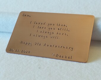 Copper wallet insert card, 7th anniversary gift, wedding, groom gift, Christmas gift