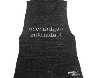 Shenanigan Enthusiast, Womens Muscle Tank Top, Eco Marble Black, Heather Grey, Teal, Red, Black, Wide Sleeve Opening Sleeveless Tank Gym