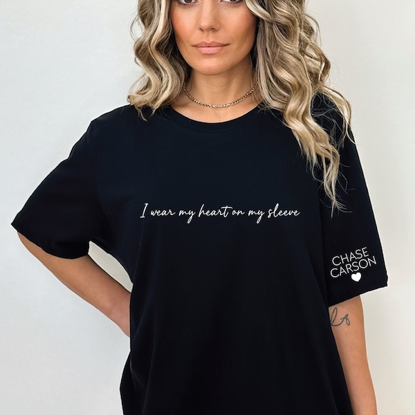I Wear my Heart on my Sleeve T-Shirt, Personalized Mom T-Shirt, Mom Tee, Mom Shirt with Kids Names on Sleeve, Personalized Gift for Mom