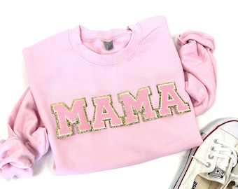 Glitter Patch MAMA Sweatshirt, Varsity Letter Patch Sweatshirt, Mothers Day Gift, Cool Mom Shirt, Birthday Gift for Mom Chenille Patch