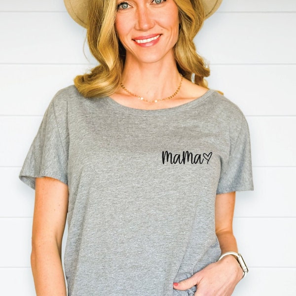 Mama Flowy Tee, Mama Off Shoulder Shirt, Mama Pocket Tee, Mama Heart Shirt, Cute Wide Neck Tee, Slouchy Tee, Off Shoulder Dolman Tee