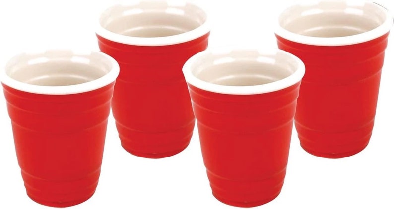 Mini Red Cup Shot Glass Set 4 Pack Ceramic Red Shot Drink Party Game image 6