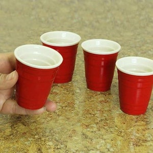 Mini Red Cup Shot Glass Set 4 Pack Ceramic Red Shot Drink Party Game image 8