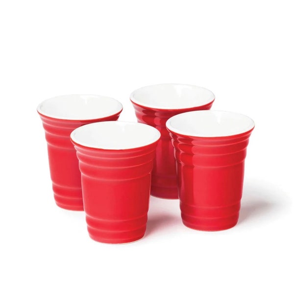 Mini Red Cup Shot Glass Set - 4 Pack Ceramic Red Shot Drink Party Game