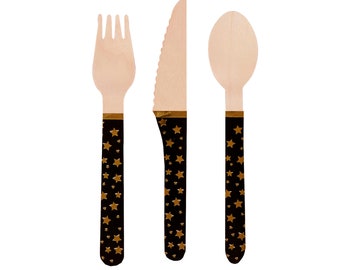 Glitz 'n Glamour Wooden Cutlery - Black and Gold. 24 Pack