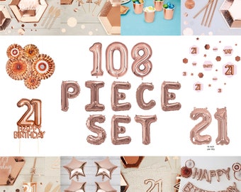 108Pc Rose Gold 21st Birthday Set. Tableware Balloons & Decorations