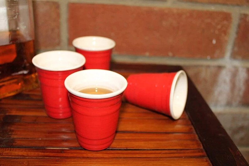 Mini Red Cup Shot Glass Set 4 Pack Ceramic Red Shot Drink Party Game image 7