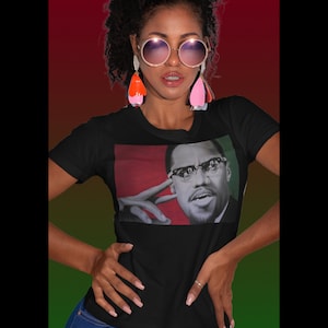 Malcolm X Women&#39;s Tee (Black) Black Excellence Black Owned Black History Artist 1865 Juneteenth Kwanzaa Civil Rights Gift For Her