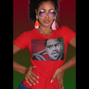 Malcolm X Women&#39;s Tee (Red) Black Excellence Black Owned Black History Artist 1865 Juneteenth Kwanzaa Civil Rights Gift For Her