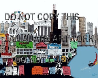 CHICAGO MEMORIES Giclee of Watercolor Painting Skyline Navy Pier Ferris Wheel Lake Shore Drive Deep Dish Pizza Lake Michigan Plane Banner