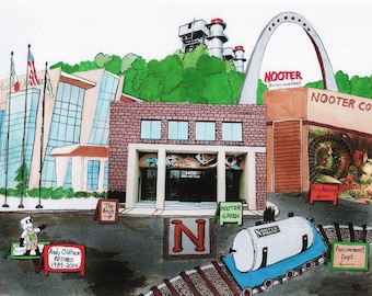 NOOTER ERIKSEN Watercolor Landscape Painting/Collage Prints in Two Sizes - Change signs to personalize it for you St. Louis