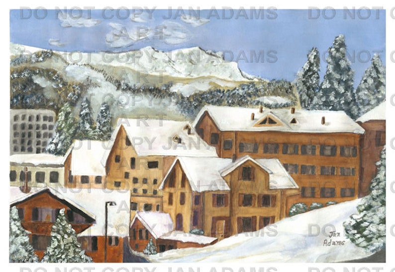 GRINDELWALD SWITZERLAND Juried Show Winter City Village Watercolor Swiss Alps Skiing Town Europe Grindlewald European Ski Mountains image 1