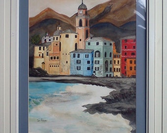 CAMOGLI  ITALY On Italian Riviera 1 -  Watercolor Landscape Painting Art Water Building Coast Sea Ocean