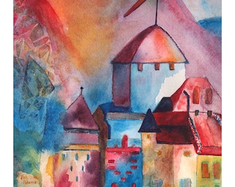 CASTLE TOWER2 ABSTRACT Colorful Watercolor Giclee Print Unframed Double Mat Matted Limited Edition Numbered