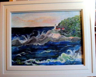 ORIGINAL ---- LIGHTHOUSE on English Coast Oil Painting Art Unframed Stretched Canvas Light House Waves Ocean Water