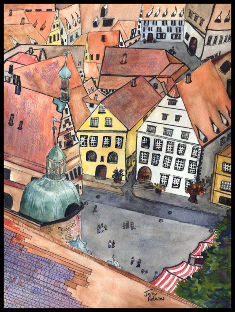 ROTHENBERG GERMANY Award-Winning Painting of Walled City Town Square Europe European Stretched Canvas Giclee Print Archival Paper Ink imagem 1