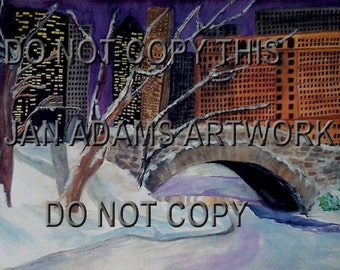 NYC Central Park Gapstow Bridge Winter City New York Plaza Hotel Snow Landscape Watercolor Painting Manhattan Plaza Hotel Unmatted Unframed