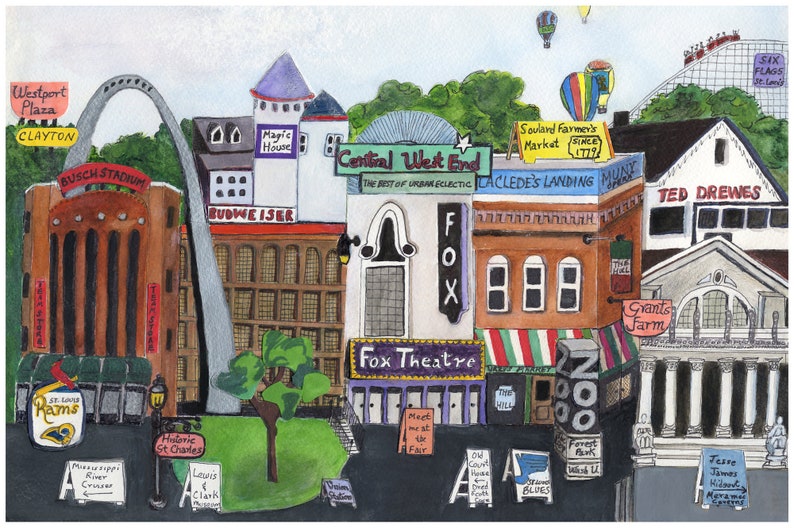 ST. LOUIS MEMORIES Watercolor Award-Winning Painting Arch Ted Drewes Historic St. Charles Missouri Zoo Busch Cardinals Budweiser image 3