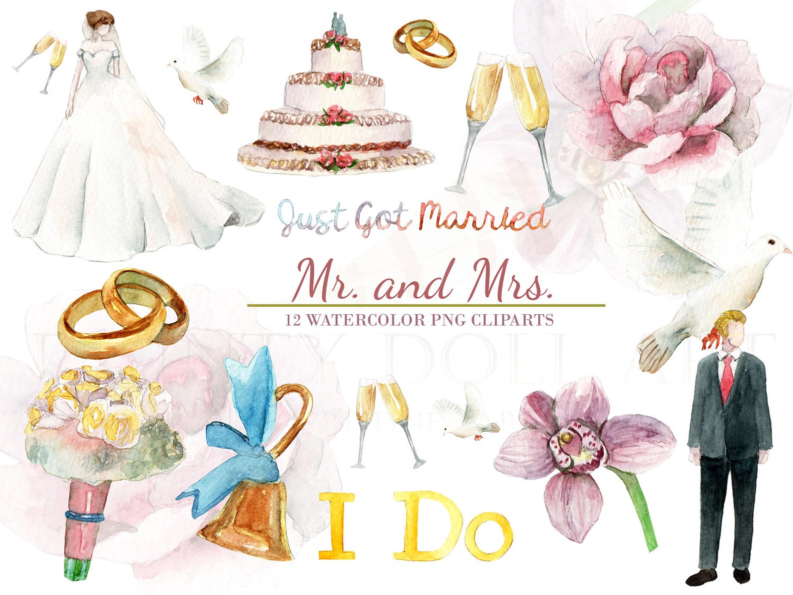 Wedding Clipart Watercolor Digital Download Floral Bouquet Love ...