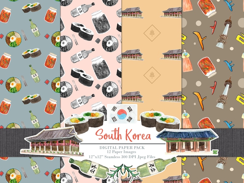 South Korea Digital Paper Pack Clipart Watercolor Printable Scrapbook Travel Seoul Seamless Patterns image 4