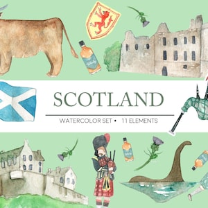 Schotland Clipart Aquarel Digitaal Download Reizen Schotse Doedelzak Hooglanden Vee Edinburgh Castle Loch Ness Nodig Paint Original uit