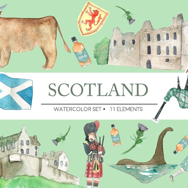 Scotland Clipart Watercolor Digital Download Travel Scottish Bagpipe Highlands Cattle Edinburgh Castle Loch Ness Invite Paint Original