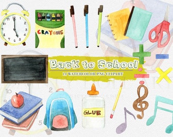 School Clipart Watercolor Digital Download Back to School Education Books Kids Teacher Pencil Invite Paint Original