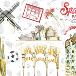 Spanje Clipart Aquarel Digitaal Download Reizen Spaans Sagrada Familia Guggenheim Museum Nodig Paint Original uit