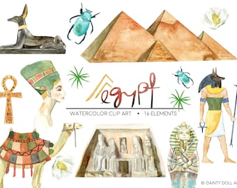 Egypt Clipart Watercolor Digital Download Travel Egyptian Pyramid Sphinx Hieroglyphics Cleopatra Mummy Pharaoh Invite Paint Original