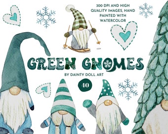 Scandinavian Gnome Watercolor Clipart| Winter Gnome - PNG - Christmas Gnomes for Sublimation Design - Green Gnome