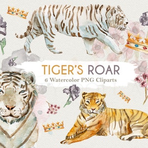 Puede incluir: Ilustraciones de acuarela de seis tigres blancos con coronas doradas y flores rosas y moradas. El texto "Tiger's Roar" y "6 Watercolor PNG Cliparts" está incluido en la imagen.