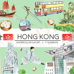Hong Kong Clipart Watercolor Digital Download Travel East Asia Flag Chinese Buddha Dimsum Country Invite Paint Original