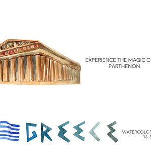Greece Greek Clipart Watercolor Digital Download Travel Europe Parthenon Borders Sparta Lyre Laurel Mythology Invite Paint Original image 3